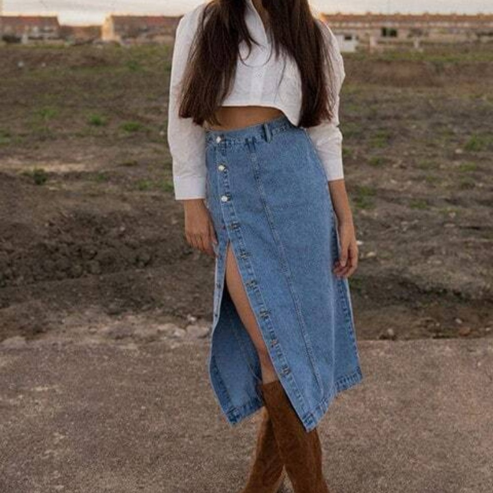 Button Front Longline Denim midi Skirt - Picture 10 of 12